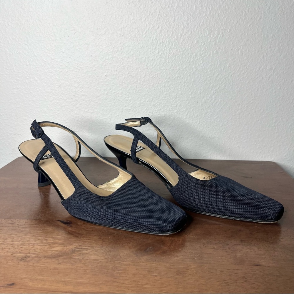 Stuart Weitzman Textured Navy Slingback Kitten Heel Pumps - Picture 2 of 8